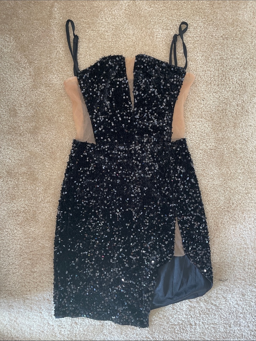 Black Sequin Mini Dress with Nude Illusion Panels
